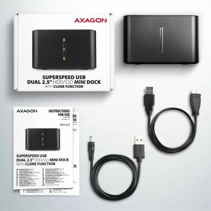 AXAGON MINI stacja dokująca ADSA-D25, USB 3.2 Gen 1 - 2x SATA 6G 2.5&quot; SSD/HDD CLONE