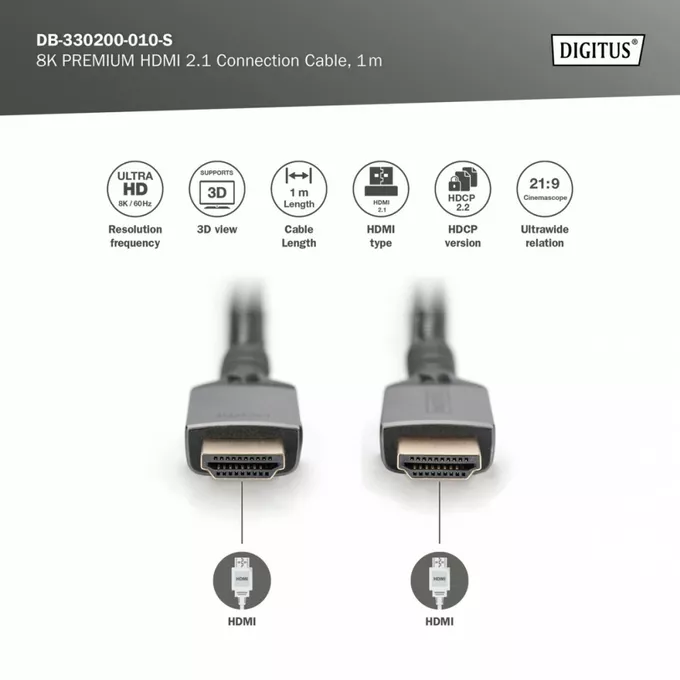 Digitus Kabel Premium połączeniowy HDMI 2.1 Ultra HighSpeed 8K60Hz UHD Typ HDMI A/A M/M 1m Czarny