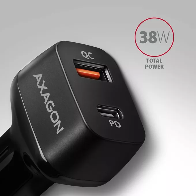 AXAGON PWC-PQ38 Ładowarka samochodowa PD &amp; QUICK 38W, 2x port (USB-A + USB-C), PD3.0/QC3.0/AFC/FCP/Apple