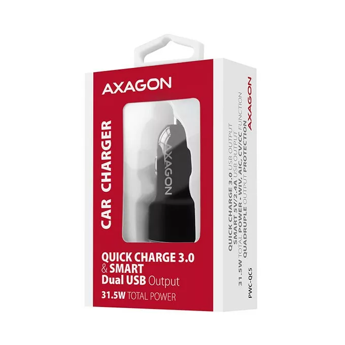 AXAGON PWC-QC5 Ładowarka samochodowa QUICK SMART 31.5W, 2x port QC3.0/AFC/FCP + 5V-2.6A