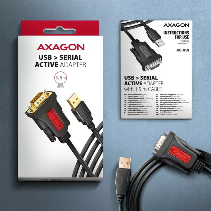 AXAGON ADS-1PSN Adapter USB 2.0 &gt; RS-232 Port szeregowy, 1.5m kabel, chip Prolific