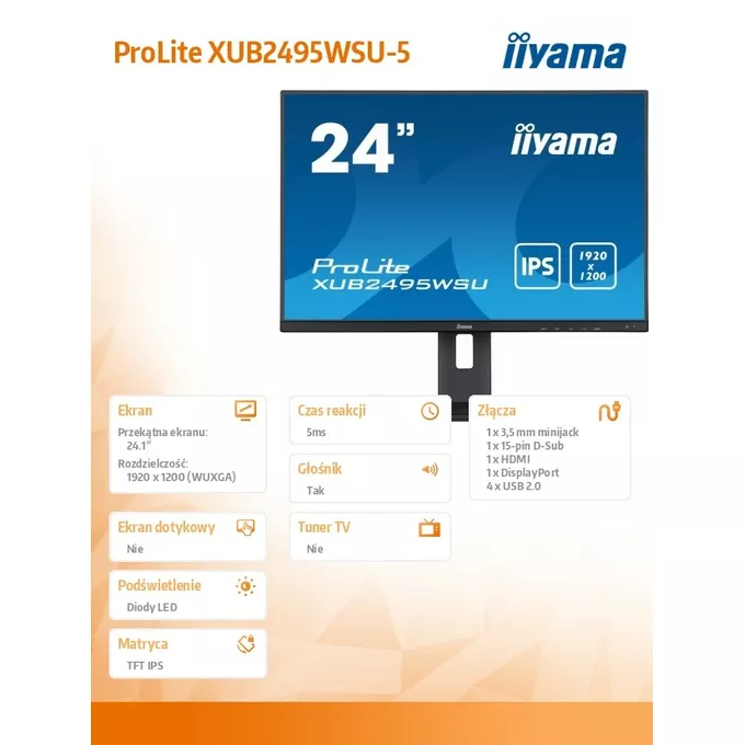 IIYAMA Monitor 24.1 cala XUB2495WSU-B5 IPS,16:10,HAS(150mm),4xUSB