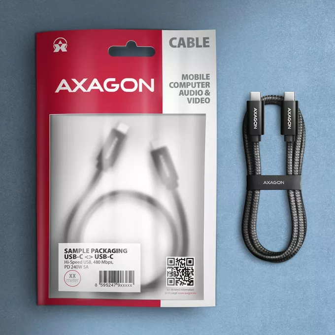 AXAGON BUCM2-CM15AB Kabel USB-C - USB-C, 1.5m 5A charging, ALU, 240W PD, oplot, USB2.0