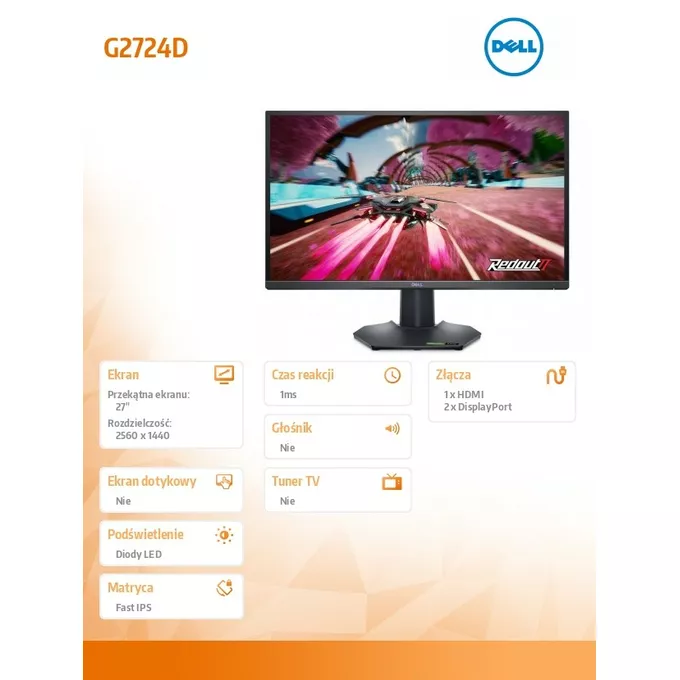 Dell Monitor G2724D 27 cali 165Hz IPS/2560x1440/HDMI/DP/3Y