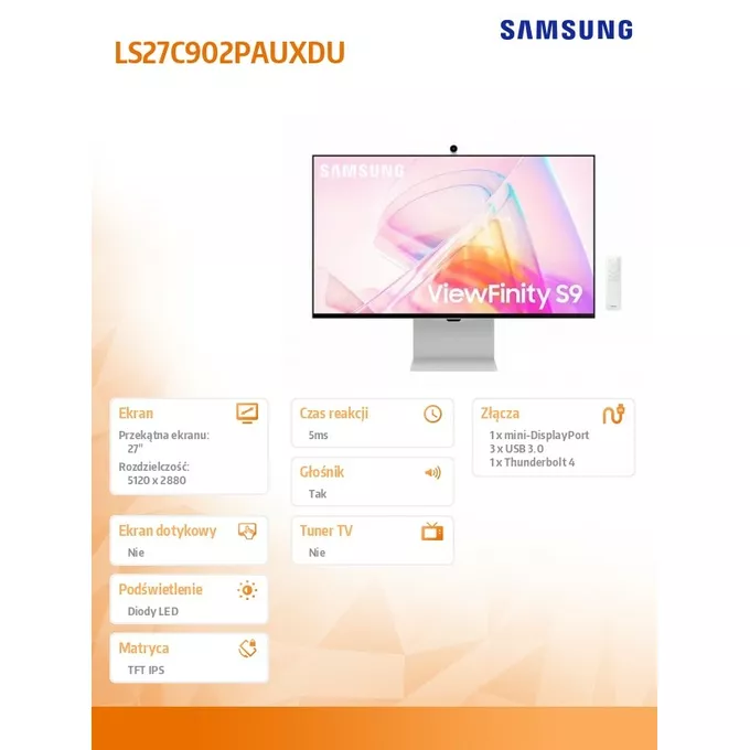 Samsung Monitor 27 cali Viewfinity S90PC IPS 5120x2880 5K/UHD+ 16:9 1xminiDP 1xTB4.0 (90W/15W) 3xUSB3.0 WiFi/BT 5ms 60 Hz HAS+PIV gł. płaski SMART 3Yd2d