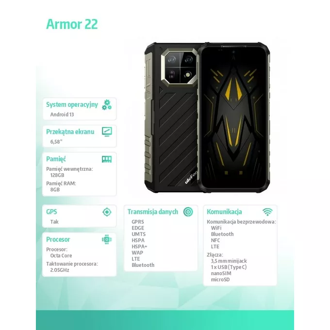 ULEFONE Smartfon Armor 22 6.58&quot; 8/256GB IP68/IP69K 6600 mAh DualSIM czarny