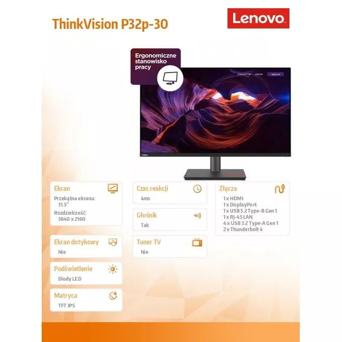 Lenovo Monitor 31.5 cala ThinkVision P32p-30 WLED LCD 63D1RAT1EU