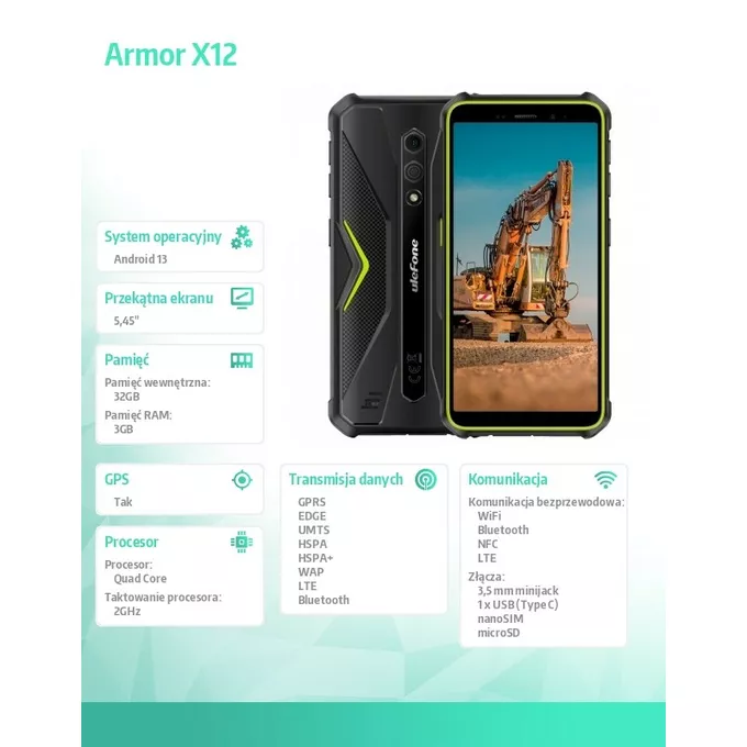 ULEFONE Smartfon Armor X12 5,45&quot; 3/32GB IP68/IP69K 4860 mAh zielony