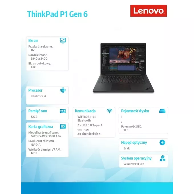 Lenovo Notebook ThinkPad P1 G6 21FV000HPB W11Pro i7-13800H/32GB/1TB/RTX3500 12GB/16.0 WQUXGA/Touch/3YRS Premier Support