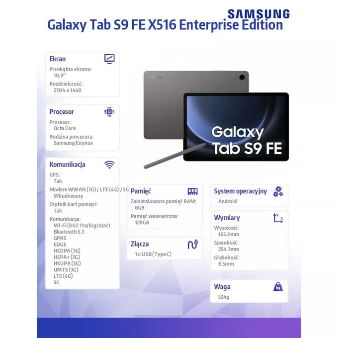 Samsung Tablet Galaxy Tab S9 FE (10.9 cala, 6+128GB S pen, 5G) Enterprise Edition Szary