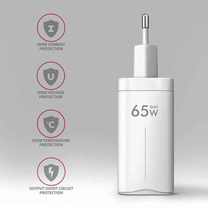 AXAGON ACU-DPQ65W Ładowarka sieciowa GaN 65W, 3x port (USB-A + dual USB-C) PD3.0/QC4+/PPS/Apple, biała