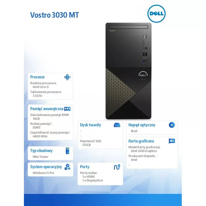 Dell Komputer Vostro 3030MT Win11Pro i3-14100/16GB/512GB SSD/Intel UHD 730/WLAN+BT/KB/Mouse/3Y PS