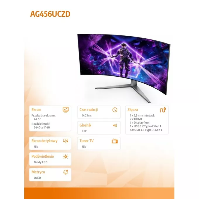 AOC Monitor AG456UCZD 44.5'' Curved OLED 240Hz HDMIx2 DP USB-C HAS Głośniki