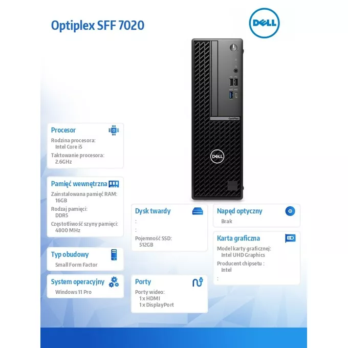 Dell Komputer Optiplex SFF/Core i5-14500/16GB/512GB SSD/Integrated/WLAN + BT/Kb/Mouse/W11Pro