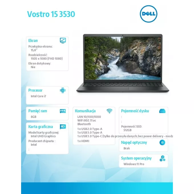 Dell Notebook Vostro 15 (3530) Win11Pro i7-1355U/8GB/512GB SSD/15.6 FHD/Intel UHD/FgrPr/Cam &amp; Mic/WLAN + BT/Backlit Kb/3 Cell/3YPS