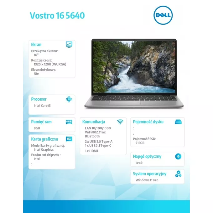 Dell Notebook Vostro 16 (5640) Win11Pro i5-1334U/8GB/512GB SSD/16 FHD+/Intel HD/Cam &amp; Mic/WLAN + BT/Backlit Kb/4 Cell/3YPS