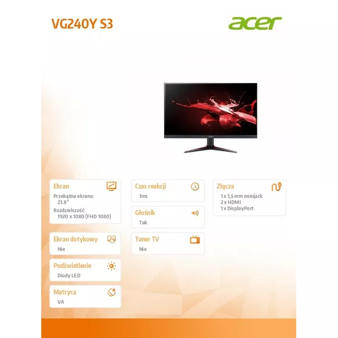 Acer Monitor 24 cale Nitro VG240YS3BMIIPX IPS 180Hz VGA HDMIx2 GŁOŚNIK 1MS/250cd/m2/1000:1/100X100