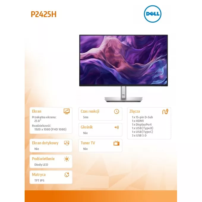 Dell Monitor 24 cale P2425H LED IPS 1920x1080/16:9/HDMI/DP/VGA/USB-C/USB/5Y