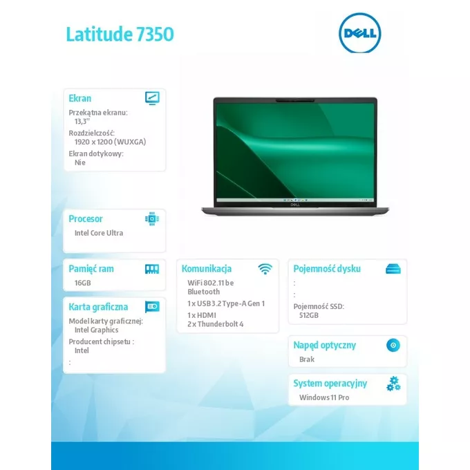 Dell Notebook Latitude 7350 Win11Pro Ultra 5 135U/16GB/512GB SSD Gen4/13.3 FHD+/Int/FgrPr&amp;SmtCd/FHD/IR Cam/Mic/WLAN+BT/Backlit Kb/3C/vPro/3YPS