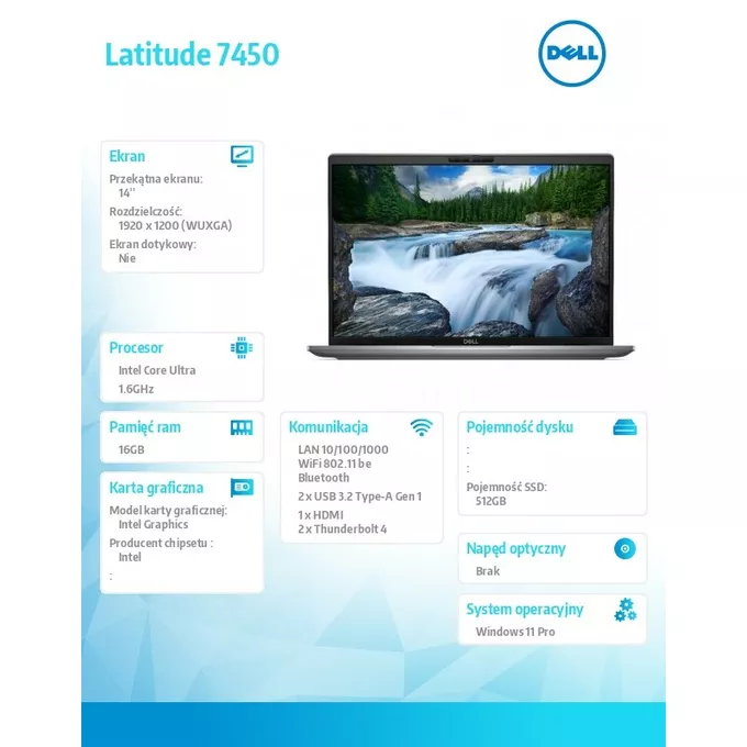 Dell Notebook Latitude 7450 Win11Pro Ultra 5 135U/16GB/512GB SSD Gen4/14.0 FHD+/Int/FgrPr&amp;SmtCd/FHD/IR Cam/Mic/WWANready+BT/Backlit Kb/3C/vPro/3YPS