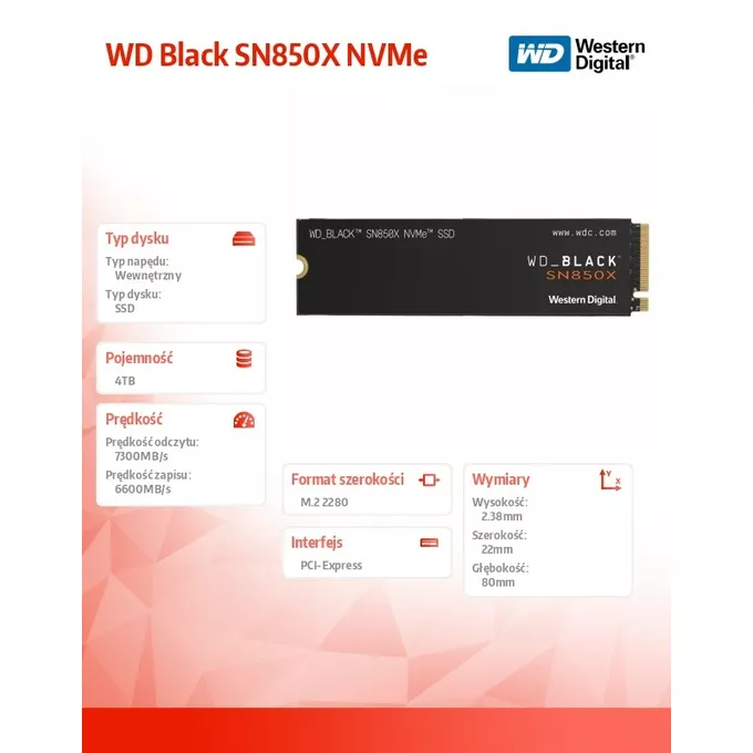 Western Digital Dysk SSD WD Black 4TB SN850X NVMe M.2 PCIe Gen4 2280