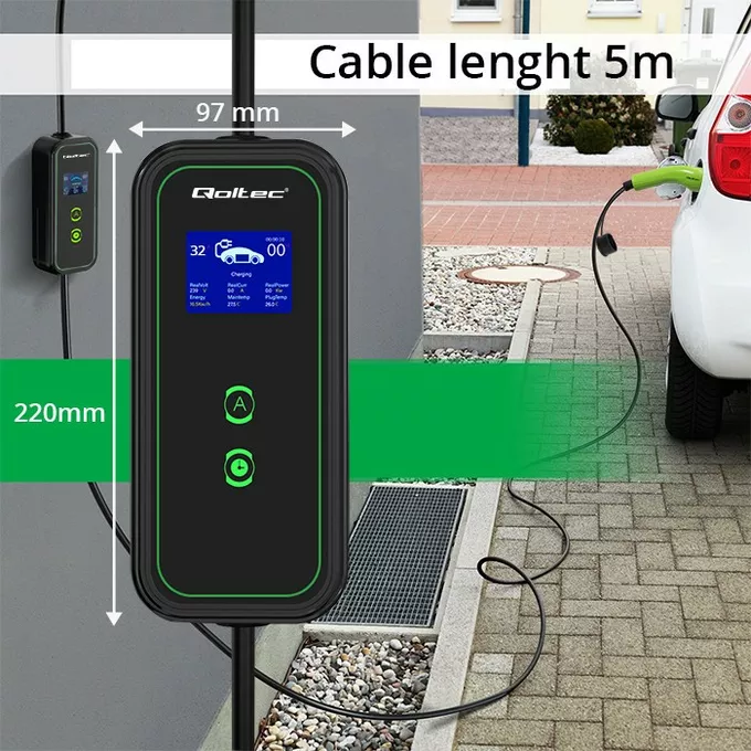 Qoltec Mobilna ładowarka do samochodu elektrycznego EV z regulacją 2w1  Typ2 | 7kW | 230V | CEE 3 PIN | WiFi | LCD | Przenosna | Wallbox | 5m