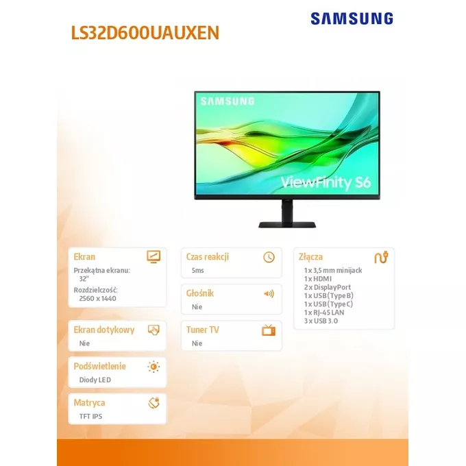 Samsung Monitor 32 cale ViewFinity S60UD IPS 2560x1440 WQHD 16:9 1xHDMI 2xDP(In+Out) 1xUSB-C 90W 3xUSB 3.0 LAN KVM 5ms PinP/PbyP 100Hz HAS+PIV płaski 3YOn-Sit