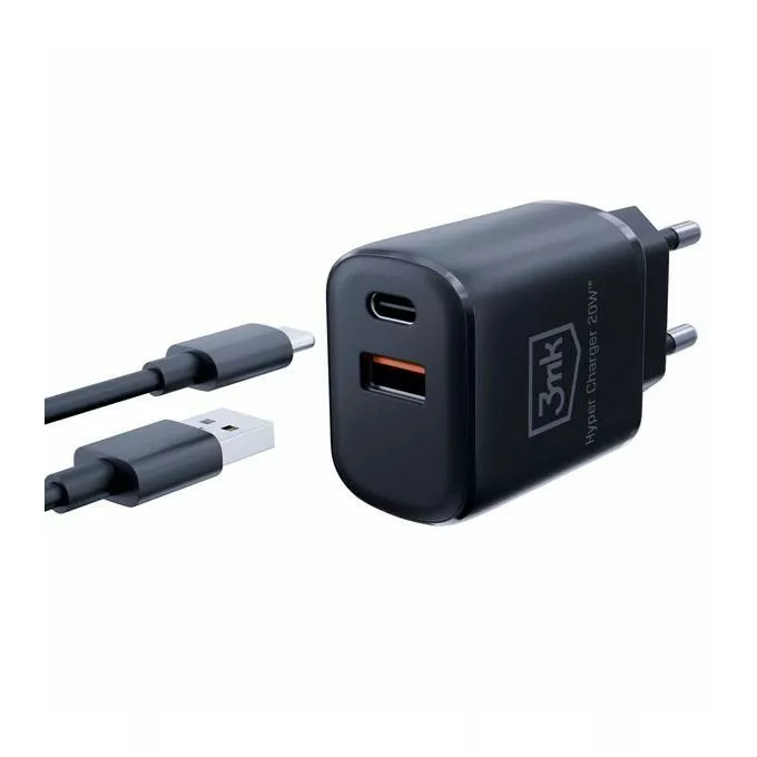 3MK Ładowarka sieciowa 20W 1xUSB-C +USB-A PD QC bez kabla Czarna