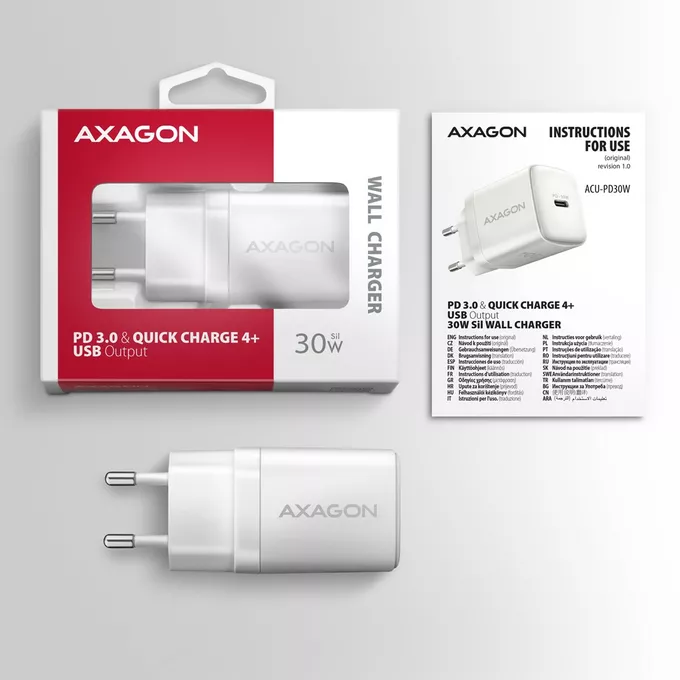 AXAGON ACU-PD30W Ładowarka sieciowa PD 30W, 1x port USB-C, PD3.0/QC3.0/AFC/FCP/Apple Biała