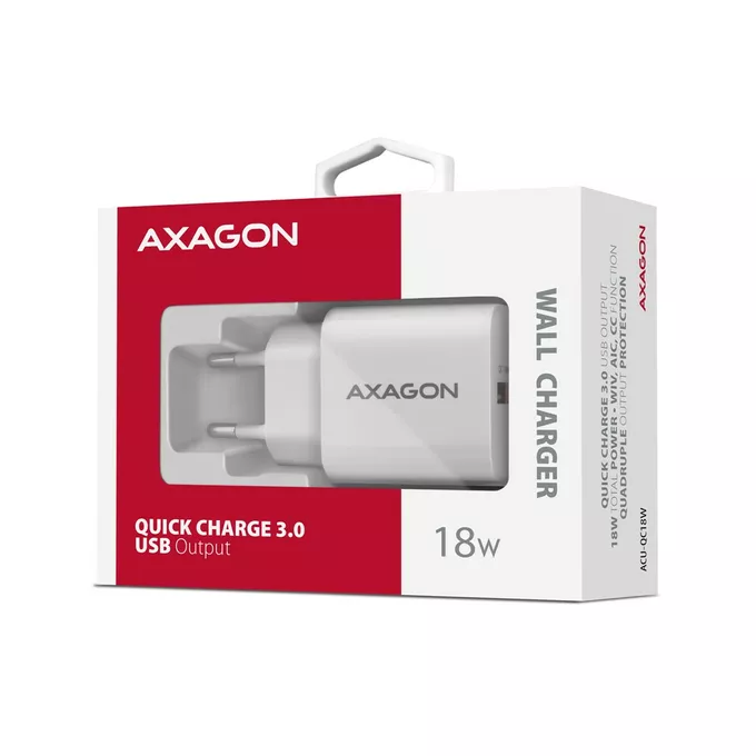 AXAGON ACU-QC18W Ładowarka sieciowa QC 18W, 1x port USB-A, QC3.0/AFC/FCP/SMART Biała