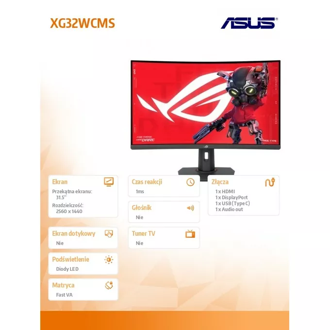 Asus Monitor 32 cale XG32WCMS ROG 280Hz HDMI DP USB-C