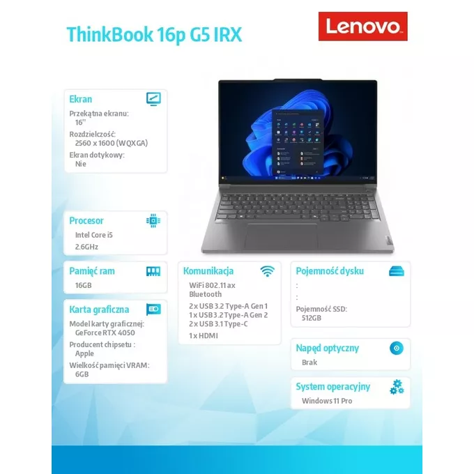 Lenovo Notebook ThinkBook 16p G5 21N5001PPB W11Pro i5-14500HX/16GB/512GB/RTX 4050 6GB/16 cali WUXGA/Storm Grey/3YRS OS + CO2 Offset