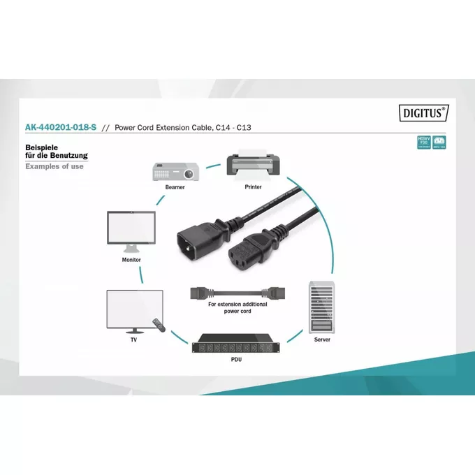 Digitus Kabel przedłużający zasilający Typ IEC C14/IEC C13 M/Ż czarny 1,8m