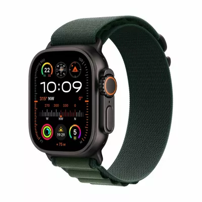 Apple Watch Ultra 2 GPS + Cellular, koperta 49 mm z tytanu w kolorze czarnym z opaską Alpine M w kolorze ciemnozielonym