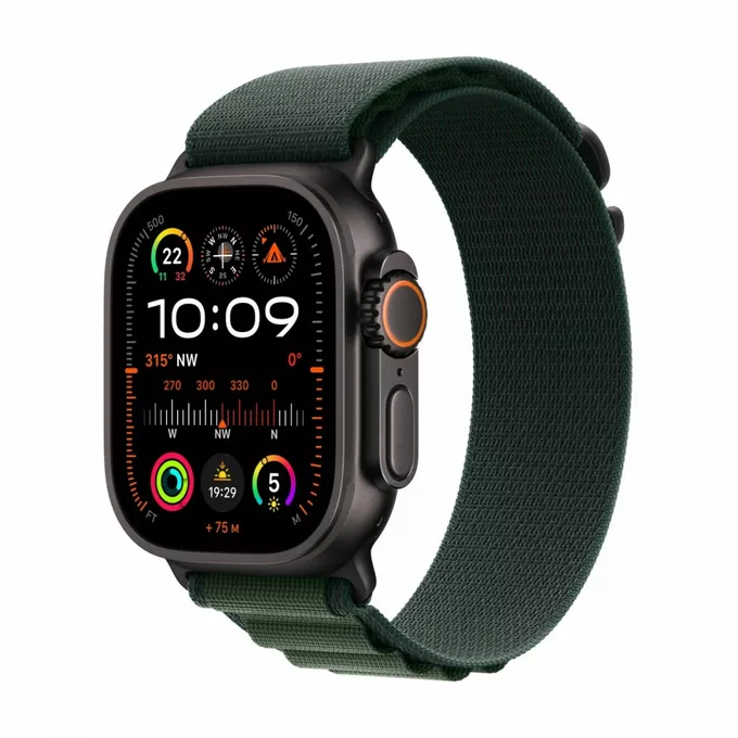 Apple Watch Ultra 2 GPS + Cellular, koperta 49 mm z tytanu w kolorze czarnym z opaską Alpine M w kolorze ciemnozielonym