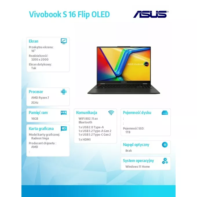 Asus Notebook Vivobook S 16 Flip OLED TN3604YA-MY110W R7 7730U 16GB/1TB