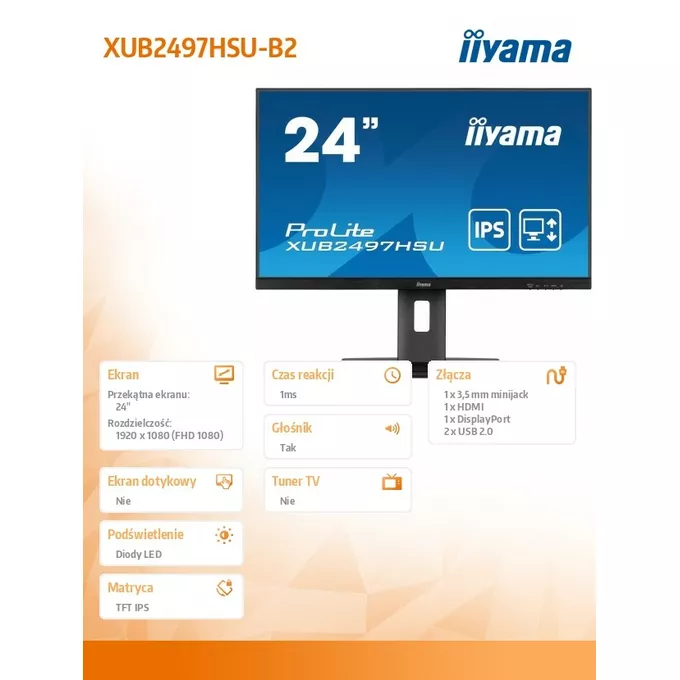 IIYAMA Monitor 24 cale XUB2497HSU-B2 IPS, HDMI, DP, 2x2W, 2xUSB, Pivot, HAS(150mm)