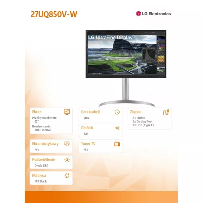 LG Electronics Monitor 27UQ850V-W 27 cali UHD