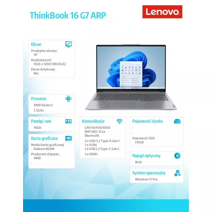 Lenovo Laptop ThinkBook 16 G7 21MW000TPB W11Pro 7535HS/16GB/512GB/AMD Radeon/16.0 WQXGA/Arctic Grey/3YR OS + CO2 Offset