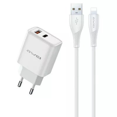 AWEI Ładowarka sieciowa GaN PD81L 22,5W USB+USB-C + Kabel USB/Lightning