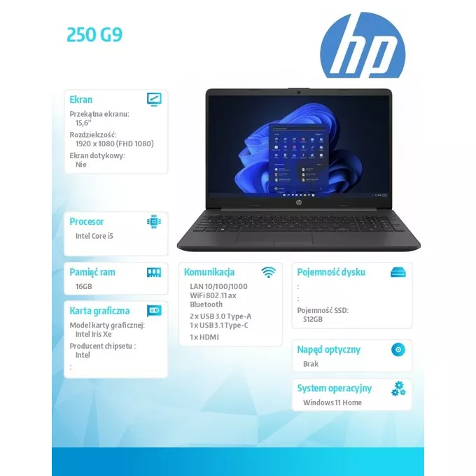 HP Notebook 250 G9 i5-1235U/512GB/16GB/W11H   3Y 8A5U2EA-16