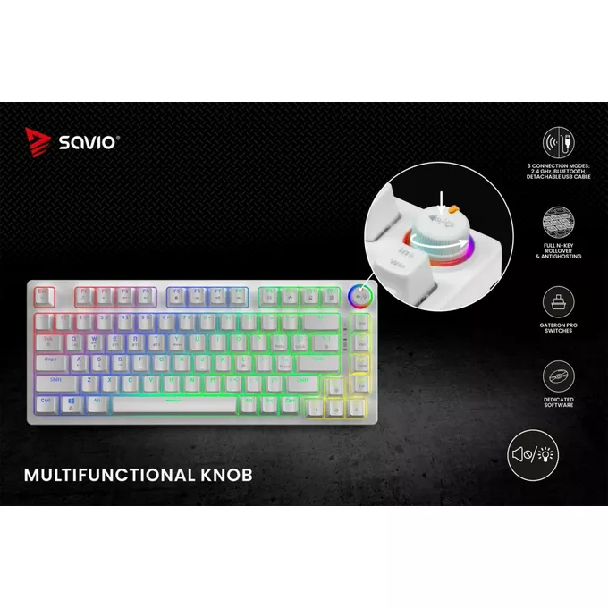 Savio Klawiatura mechaniczna bezprzewodowa PHENIX WHITE Gateron Red Pro, ABS