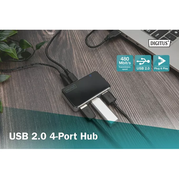 Digitus HUB/Koncentrator 4-portowy USB 2.0 HighSpeed, aktywny, czarno-srebrny