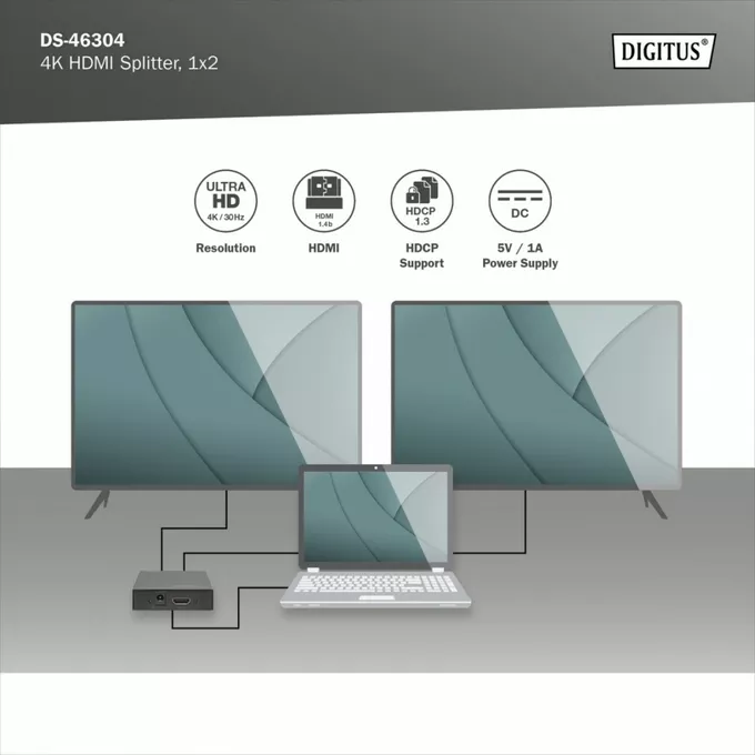 Digitus Rozdzielacz/Splitter HDMI 2-portowy, 4K 30Hz UHD 3D, HDCP 1.3, audio