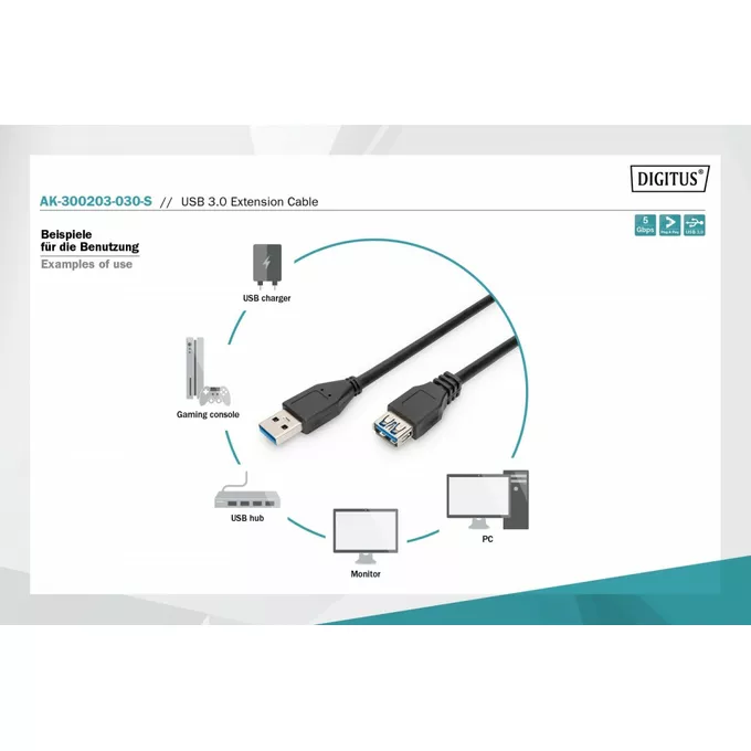 Digitus Kabel przedłużający USB 3.1 Gen.1 SuperSpeed 5Gbps Typ USB A/USB A M/Ż 3m Czarny