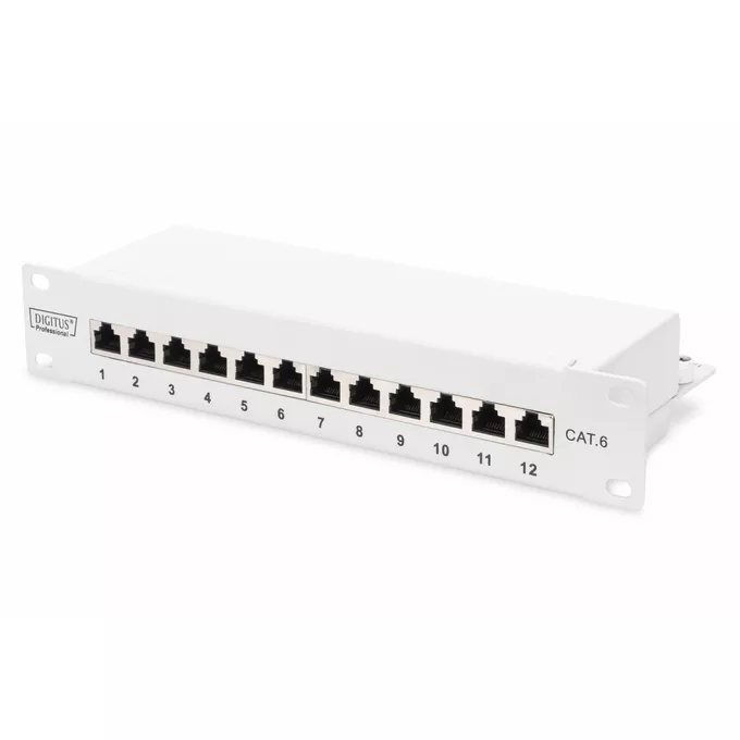 Digitus Patch panel 10 cali 12-portów RJ-45 Kat.6 ekranowany 1U kompletny LSA, wspornik kablowy, szary