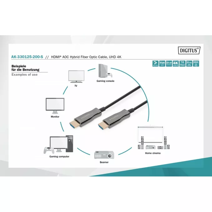 Digitus Kabel połączeniowy hybrydowy AOC HDMI 2.0 Premium HighSpeed 4K/60Hz UHD HDMI A/HDMI A M/M czarny 20m