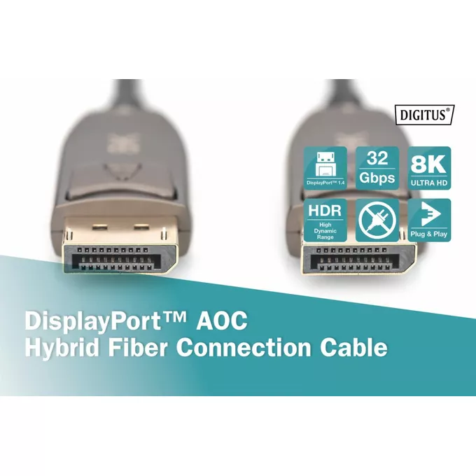 Digitus Kabel połączeniowy hybrydowy AOC DisplayPort 1.4 8K/60Hz UHD DP/DP M/M 30m Czarny