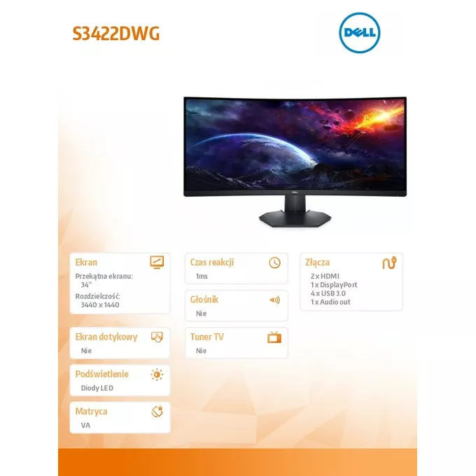 Dell Monitor 34 cale S3422DWG VA LED 21:9/3440x1440/HDMI/DP/3Y