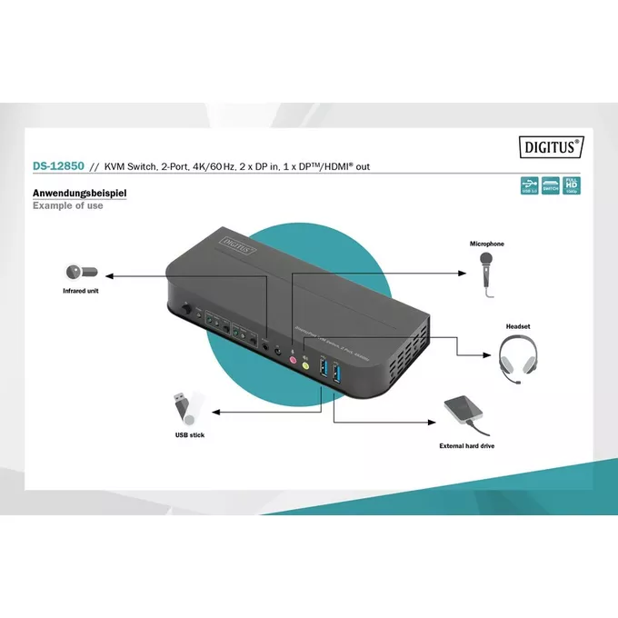 Digitus Przełącznik KVM 2 portowy DisplayPort do HDMI 2x1 4K 60Hz  2xUSB audio